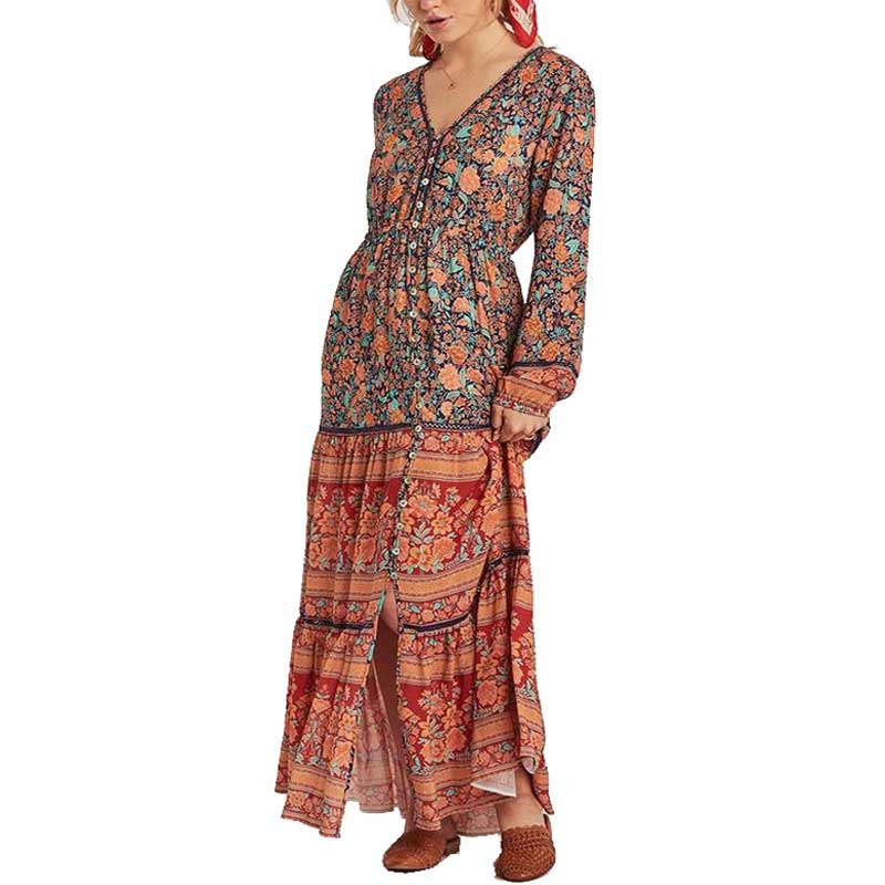 Boho Inspired Long Boho Dress Floral Print spliced maxi dress women Casual chic Spring summer dress long sleeve dress new