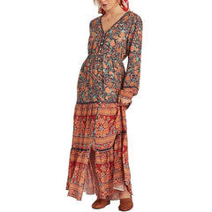 Boho Inspired Long Boho Dress Floral Print spliced maxi dress women Casual chic Spring summer dress long sleeve dress new