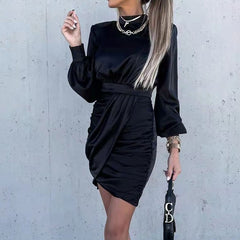Elegant Satin Solid Autumn Mini Dress Fashion Half High Neck Pleated Party Dress Casual Long Sleeve Slim A-line Dresses Vestidos