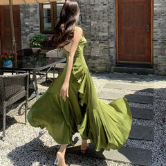 Hoobd Korean Summer Satin Elegant Women Dress Casual Sexy Tank Backless Ruffle Split Maxi Party Lady Robe Femme Beach Mujer Vestidos