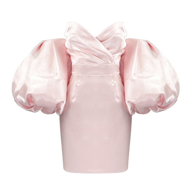 Hoobd Puff Sleeves Trendy Pink Mini Dress Sexy Off Shoulder  Design Celebrity Party Club Satin Dresses Vestido