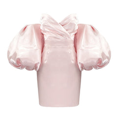 Hoobd Puff Sleeves Trendy Pink Mini Dress Sexy Off Shoulder  Design Celebrity Party Club Satin Dresses Vestido