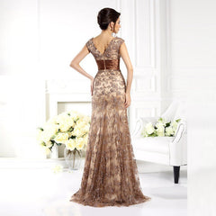 Hoobd Glamorous Champagne Lace Mother of the Bride Dresses Mermaid Cap Sleeves V Neckline Beaded Wedding Party Gowns Back Out