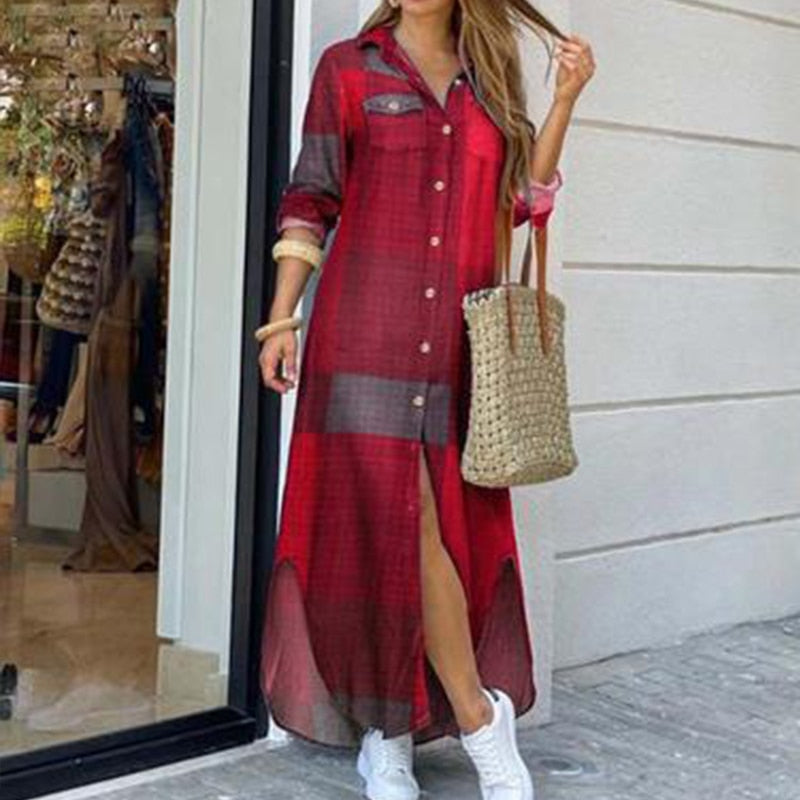 Hoobd Fashion Women Long Sleeve Shirt Dress Autumn  Printed OL Long Dresses Laides Turn-down Collar Loose Sundress Party Dresses