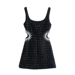 New Women Vintage Tweed Black Plaid Hollow Out Dress Female Casual Pearl Decoration Slim Square Collar Mini Dresses