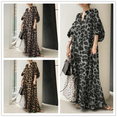 Fashion Printed Maxi Dress Women's Leopard Sundress 2022 Spring Puff Sleeve Long Vestidos Female V Neck Robe Oversize