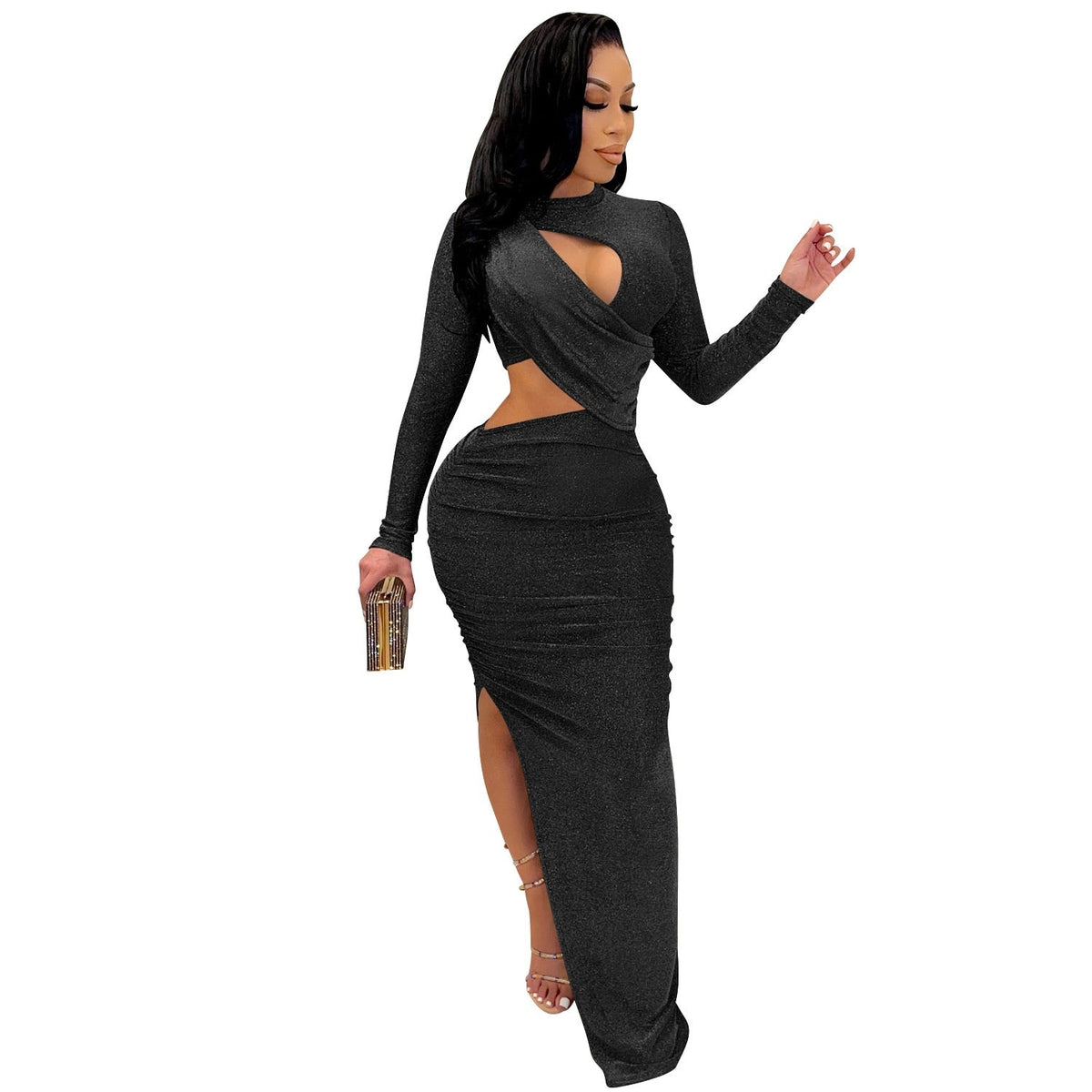 Elegant Glitter Solid Ruched Long Women Dress Sexy Cut Out O Neck Long Sleeve High Slit Evening Club Party Dress Robe Christmas