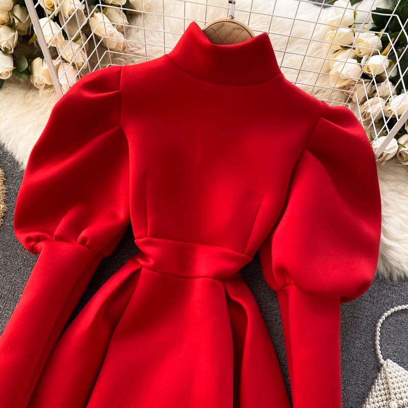 Autumn Winter Puff Long Sleeve Dresses For Women Party Christmas Turtleneck Slim A-Line Elegant New Year Woman Red Dress