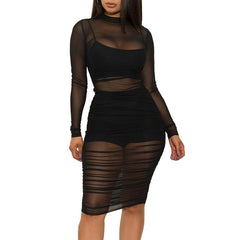 Hoobd Solid Mesh See Through Design Ruched Dress With Lining Black Dresses black
