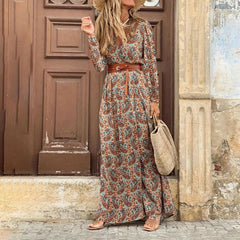 Hoobd Autumn Dress 2023 Women New Fashionable Bohemian V-neck Floral Print Long Dress Female Short Sleeve Sexy High Split Maxi Dresses