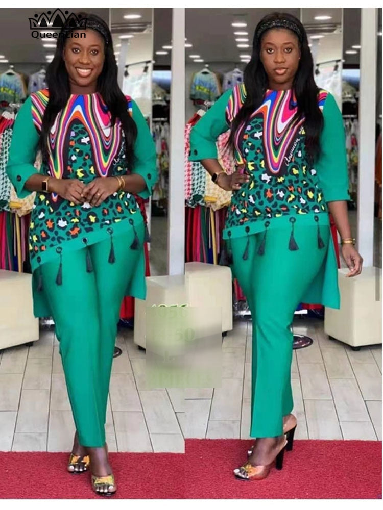 African 2 Colors New Fashion Suit (Dress and Trousers)  Suit African For Lady