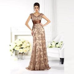 Hoobd Glamorous Champagne Lace Mother of the Bride Dresses Mermaid Cap Sleeves V Neckline Beaded Wedding Party Gowns Back Out