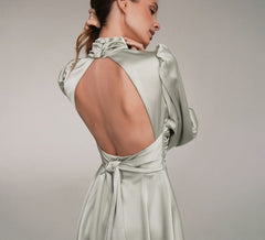 Fashion Stand Collar Satin Women Dresses Autumn Elegant Long Sleeve Backless Mini Dress Casual Sliim Pleated  Dress Robe