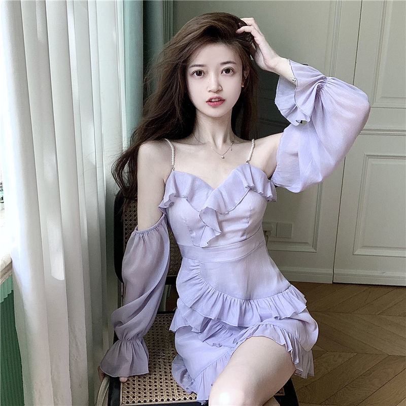 Hoobd Purple Off Shoulder Kawaii Dress Women Ruffle Patchwork Sweet Party Mini Dress Female Korean Fashion Slim Sexy Fairy Dress 2023