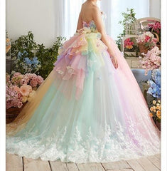 Hoobd Pretty Colorful Rainbow Tutu Prom Dresses 3D Flower Lace Puffy Ball Gowns Vestido Formatura Abiye Ruffles Evening Gowns