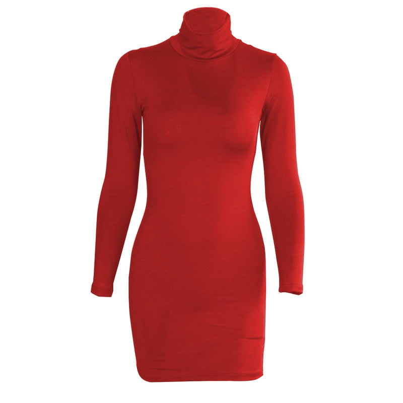 Hoobd Basic White Turtleneck Long Sleeve Slim Package Hips Mini Short Dress Spring Autumn Women Sexy Bodycon Party Dress Vestidos