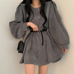 Women Vintgae Sashes Corduroy A-line Party Dress Lantern Sleeve O neck Solid High Street Casual Dress Winter Fashion Dress