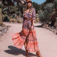 Boho Inspired Long Boho Dress Floral Print spliced maxi dress women Casual chic Spring summer dress long sleeve dress new