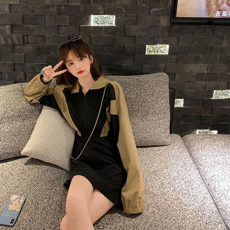 Women Vintage Color Contrast Front Zipper Mini Dress Long Sleeve Turn Down Collar Solid Casual Dress Winter Fashion Dress