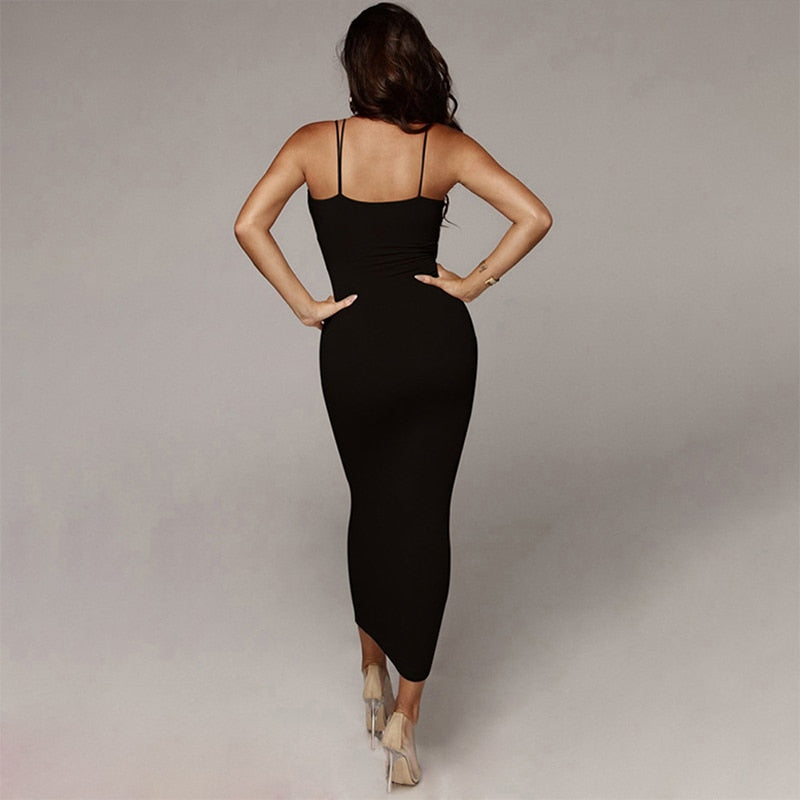 Hoobd New Summer Dresses Women Sling V-neck Slim Fit Bodycon Long Dress Sleeveless Backless Elegant Sexy Club Bag Hip Party Dress Evening Dresses