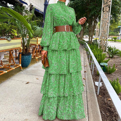 Boho Pattern Print Ruffle Summer Beach Dress Spring Elegant Turtleneck Office Ladies Dress Women Lantern Sleeve Long Party Dress