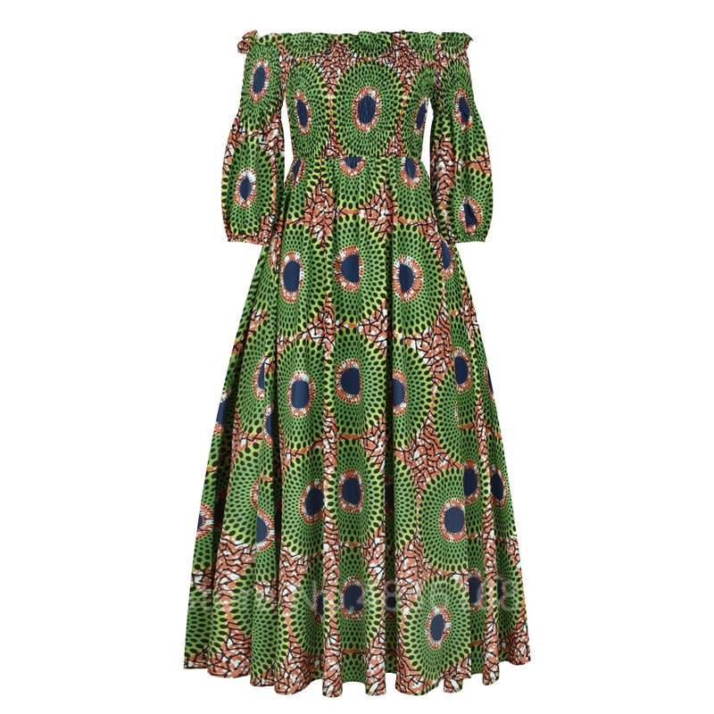African National Print Party Dress Women Casual Sexy Slash-neck Lady Maxi Dress New Vintage Long-sleeved Loose Elegant Dress