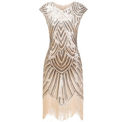 Flapper Great Gatsby Dress O-Neck Cap Sleeve Sequin Fringe Party Midi Dress