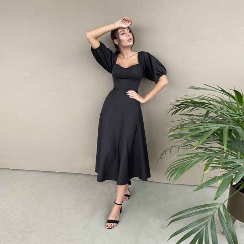 Churses Sexy Slash Neck Backless Midi Dress Autumn Elegant Puff Half Sleeve A-Line Long Party Dresses For Women 2021