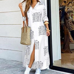 Hoobd Fashion Women Long Sleeve Shirt Dress Autumn  Printed OL Long Dresses Laides Turn-down Collar Loose Sundress Party Dresses