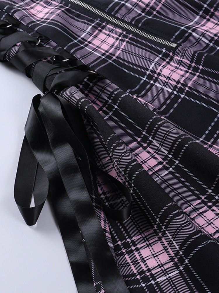Hoobd Gothic Plaid Bandage Black Blue Dress Women Vintage Sleeveless Zipper Sexy Mini Dress Punk Aesthetic Summer A Line Dress