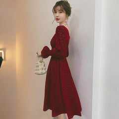Korean Square Collar Sequins Elegant Velvet Dress Women Flare Long Sleeve Backless Maxi Dress Office Lady High Waist Slim Dress