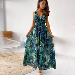 Casual Loose Bohemian Beach Vacation Summer Midi Dress For Women Fashion Print Lace Up Sexy Backless Deep V-neck Maxi Dresses