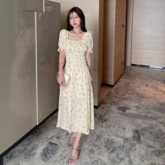 Princess Elegant Dress Women Summer Floral Sweet Casual Long Dress Korean Puff Sleeve Yellow Vintage Party Sundress Boho