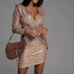 Elegant Deep V-Neck Sequin Bodycon Mini Dress Autumn Long Sleeve Party Dress Lady Fashion Draped Solid Women Slim Dress Vestido