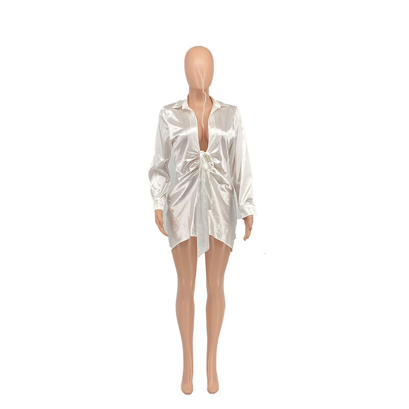 Hoobd Sexy Lace Up Satin Shirt Dress Women Long Sleeve Club Party Wear V Neck Turn Down Collar Mini Dresses Solid Bodycon Dress 2023