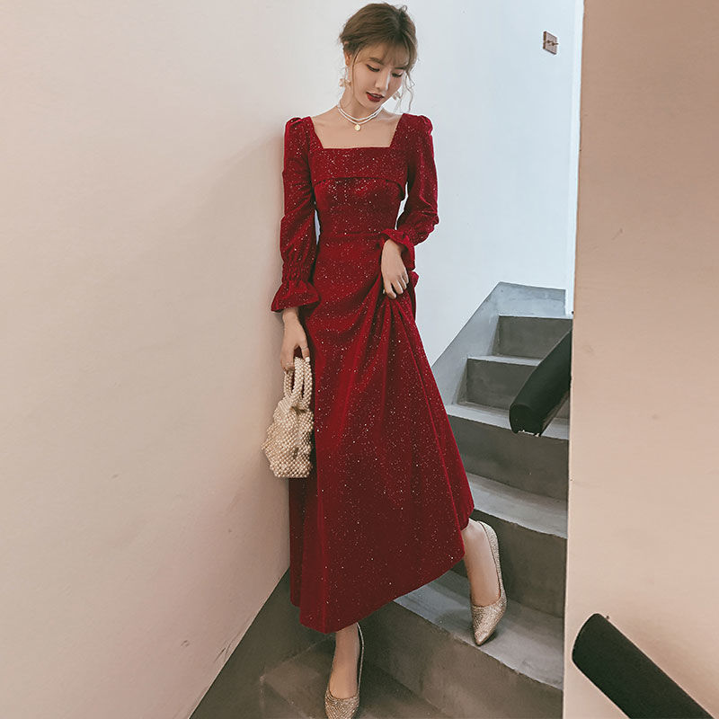 Korean Square Collar Sequins Elegant Velvet Dress Women Flare Long Sleeve Backless Maxi Dress Office Lady High Waist Slim Dress