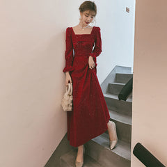 Korean Square Collar Sequins Elegant Velvet Dress Women Flare Long Sleeve Backless Maxi Dress Office Lady High Waist Slim Dress