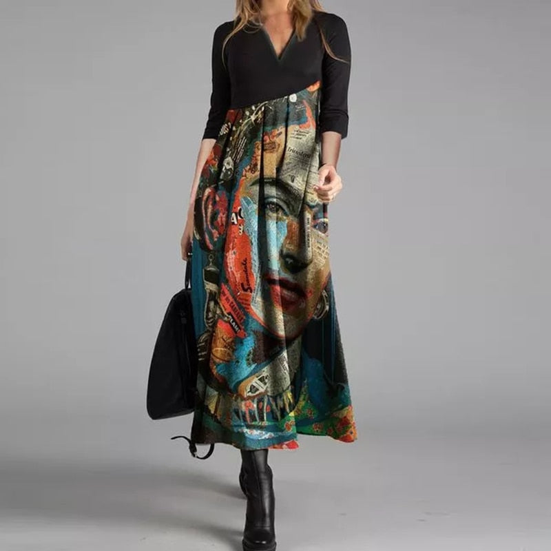 Hoobd Elegant Women Long Dress V-Neck A-Line Dress Spring Autumn Vintage Cotton Long Sleeves Party Dresses Lady Casual Loose Vestidos