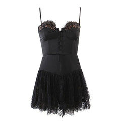 Romantic Women Lace Patchwork Sexy Sling Dress Ladies Satin Chiffon Super-Short Dress Summer Beach Vestido