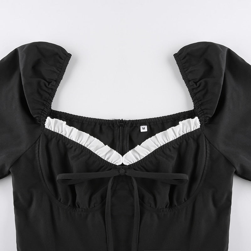 Hoobd Patchwork Slim Ball Gown A-Line Dress Vintage Quare Collar Long Sleeve Mini Dresses For Women Elegant Fashion Lady