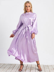 Plus Size Elegant Mesh Embroidery Belted Satin Dress Women Autumn High Waist Lantern Sleeve Party A-Line Long Dresses
