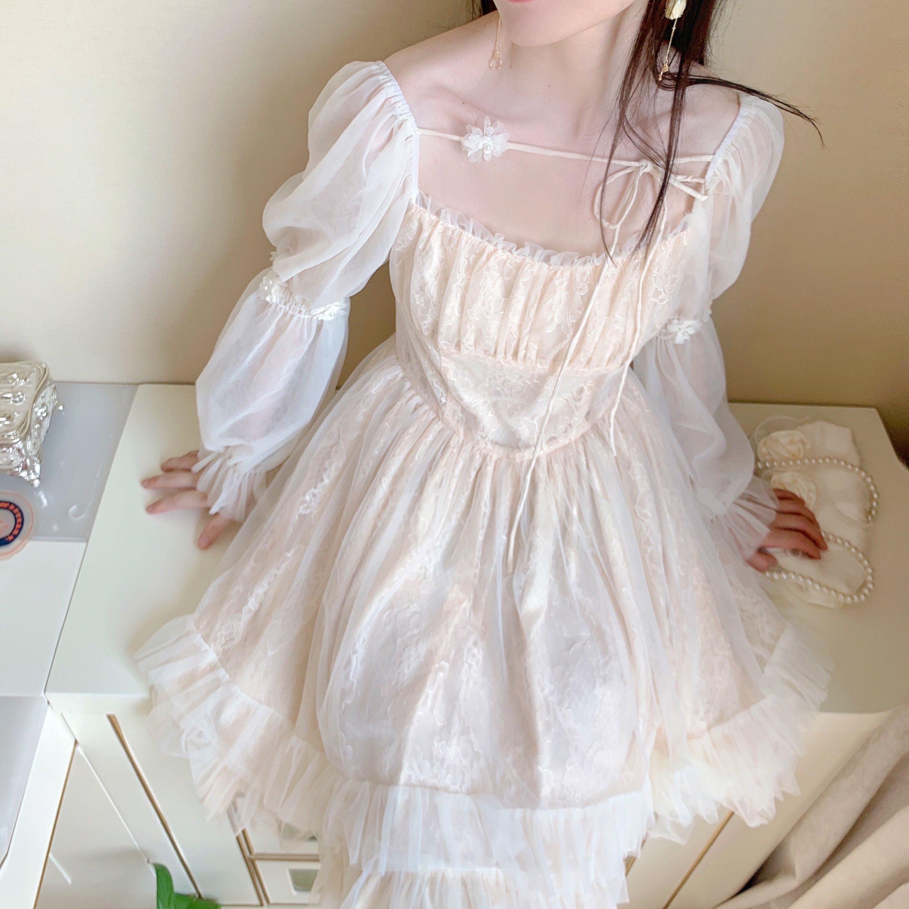 Hoobd Lolita Kawaii Dress Women Casual Long Sleeve Vintage Y2k Mini Dress Female Japanese Style One Piece Dress Korean Autumn