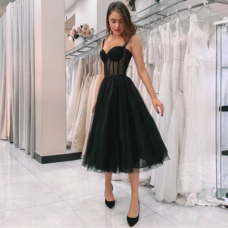Black Polka Dot Tulle Short Prom Dresses Velour Tea Length Evening Gown 2023 Hot Sale Women Wedding Party Dresses