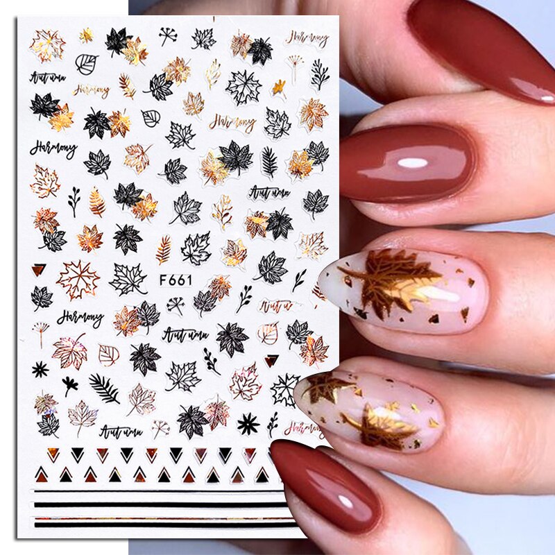 Hoobd1pcs Gold iridescent Maple Leaf 3D Nail Sticker Fall Autumn Pattern Adhesive Transfer Stickers Shiny DIY Nail Art Decoration