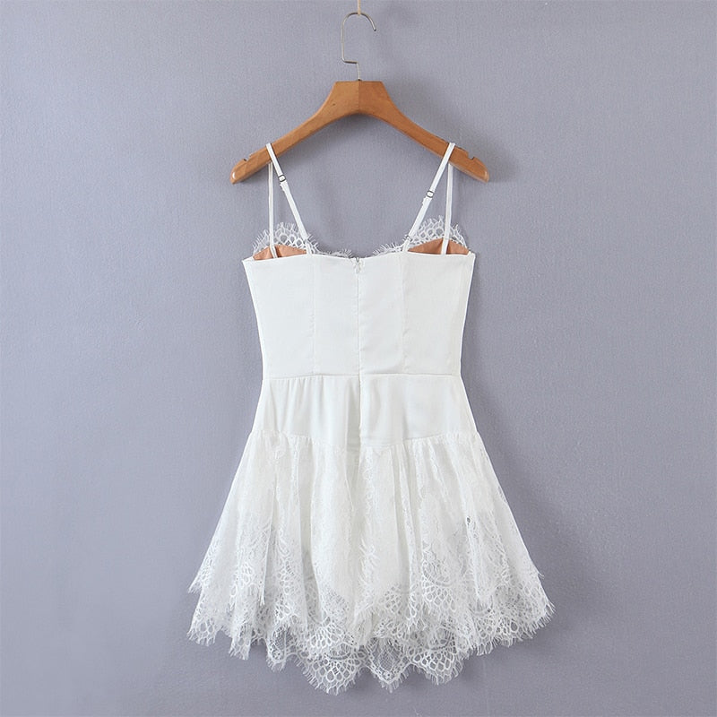 Romantic Women Lace Patchwork Sexy Sling Dress Ladies Satin Chiffon Super-Short Dress Summer Beach Vestido