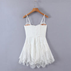 Romantic Women Lace Patchwork Sexy Sling Dress Ladies Satin Chiffon Super-Short Dress Summer Beach Vestido