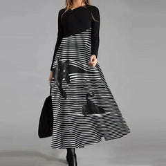 Hoobd Elegant Women Long Dress V-Neck A-Line Dress Spring Autumn Vintage Cotton Long Sleeves Party Dresses Lady Casual Loose Vestidos