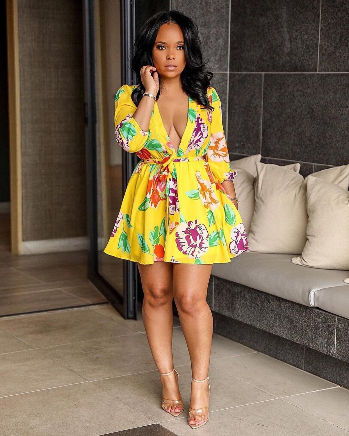 Hoobd Women Long Sleeve Floral Flower Print Mini Dress Elegant Vintage V-neck Autumn Fall Dresses Party Club Vestidos