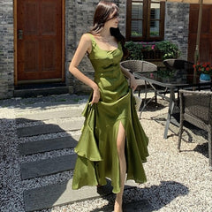 Hoobd Korean Summer Satin Elegant Women Dress Casual Sexy Tank Backless Ruffle Split Maxi Party Lady Robe Femme Beach Mujer Vestidos