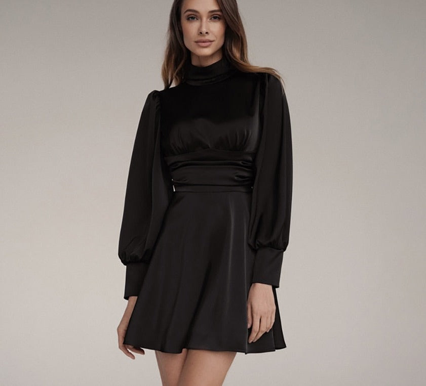 Fashion Stand Collar Satin Women Dresses Autumn Elegant Long Sleeve Backless Mini Dress Casual Sliim Pleated  Dress Robe